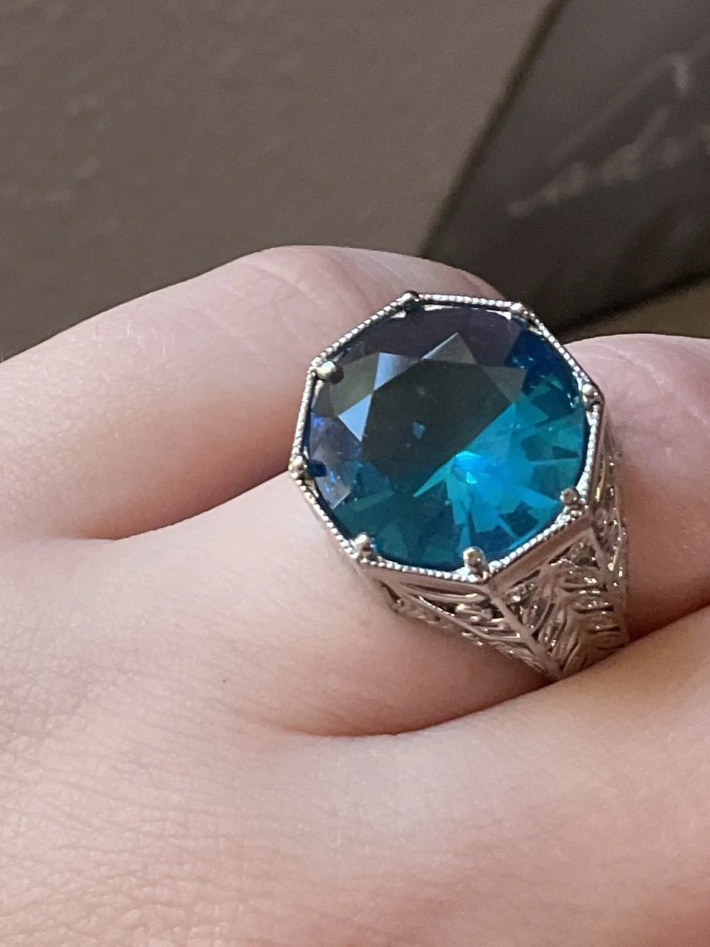 Art Deco Revival Sterling Silver Open Filigree Blue Crystal Ring Size 7